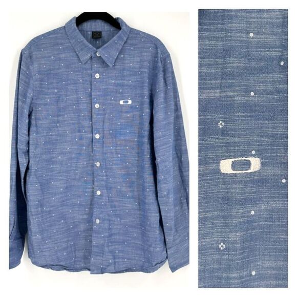 Oakley Men’s Cotton Collared Long Sleeve Button-Down Shirt Blue Small Chambray - Picture 1 of 12